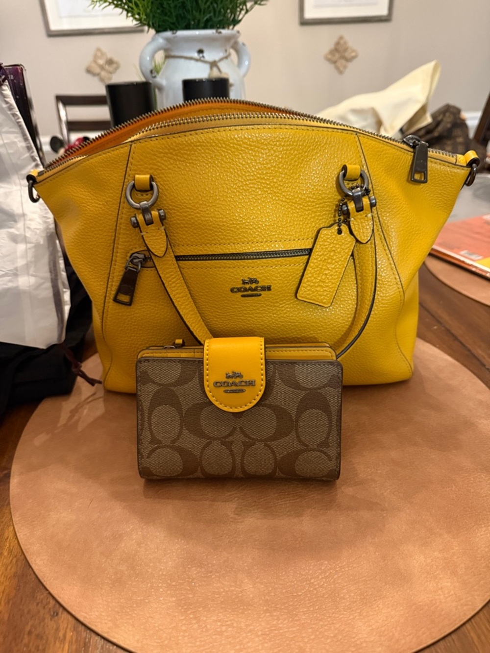 Coach Yellow Pebbled Leather Shoulder Tote with Signature Canvas Wallet